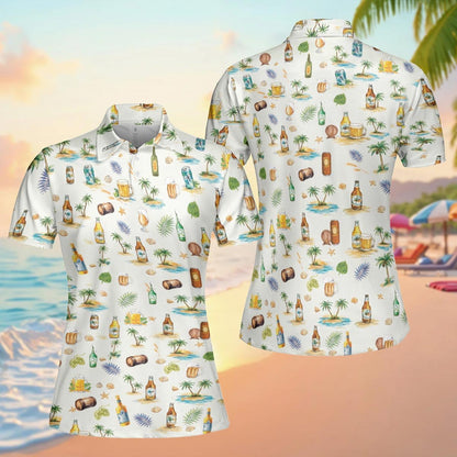 Front view of the beach polo shirt with watercolor-style beer and island illustrations