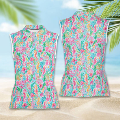 Vibrant pink and orange tropical polo shirt with starfish and hibiscus, front view