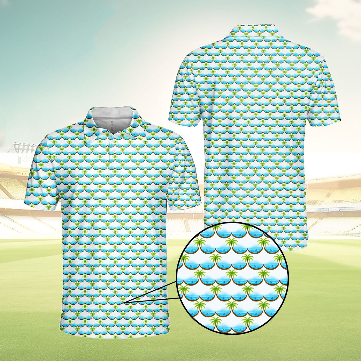 White tropical polo shirt with palm trees and ocean waves, front angled view