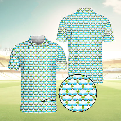 White tropical polo shirt with palm trees and ocean waves, front angled view