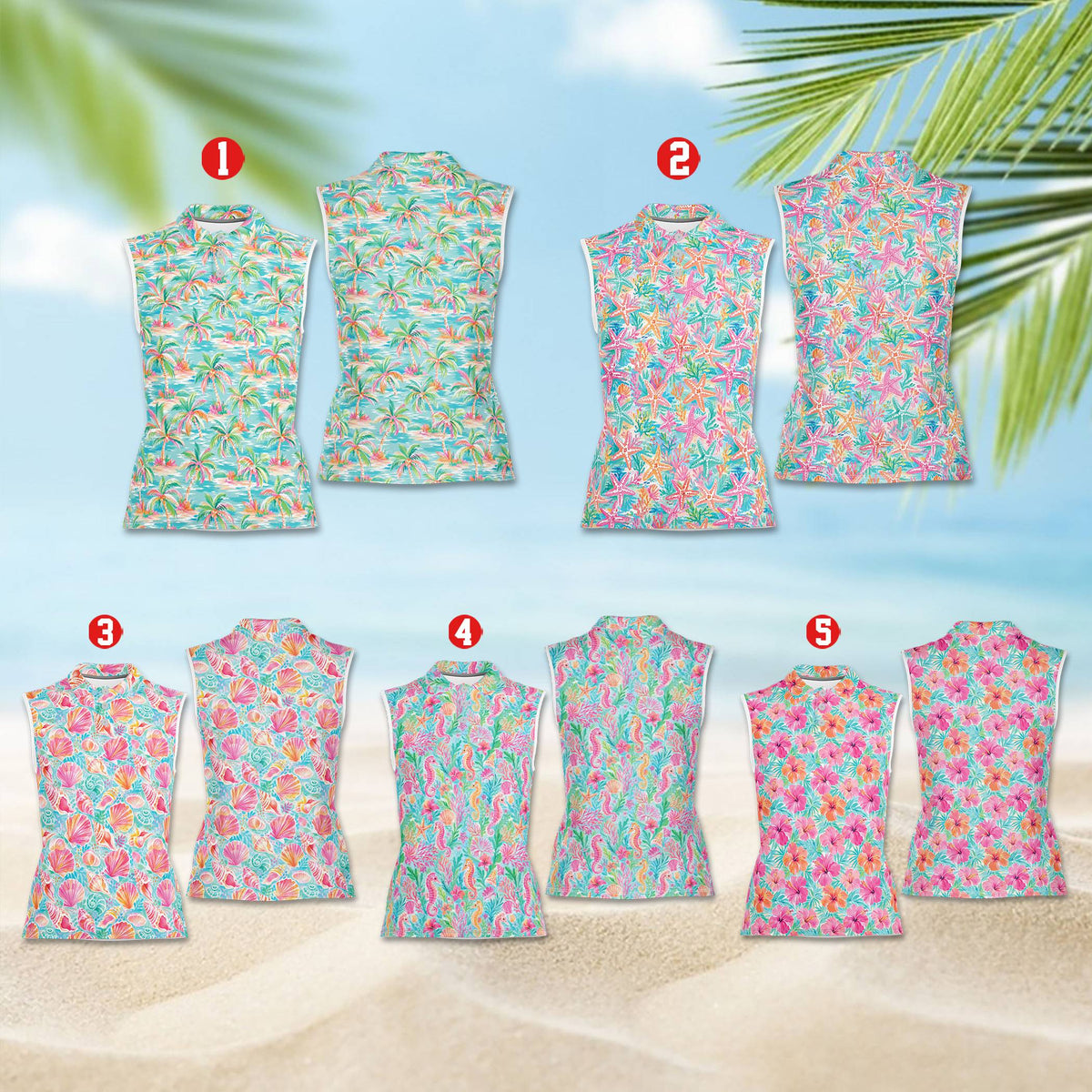 Sleeveless tropical polo shirt featuring palm trees and seashells pattern, front view