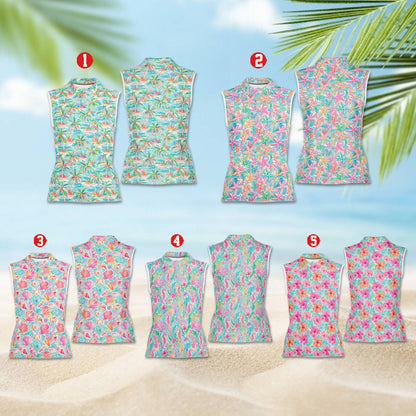 Sleeveless tropical polo shirt featuring palm trees and seashells pattern, front view