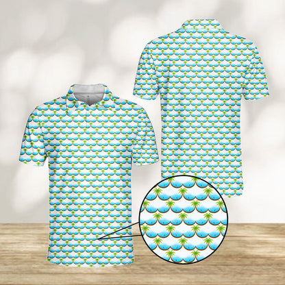 White tropical polo shirt with palm trees and ocean waves, front close-up view