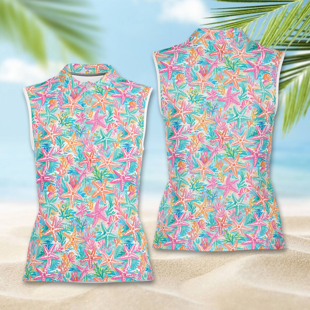 Teal and pink sleeveless polo shirt with tropical print, front view