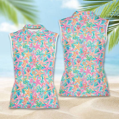 Teal and pink sleeveless polo shirt with tropical print, front view