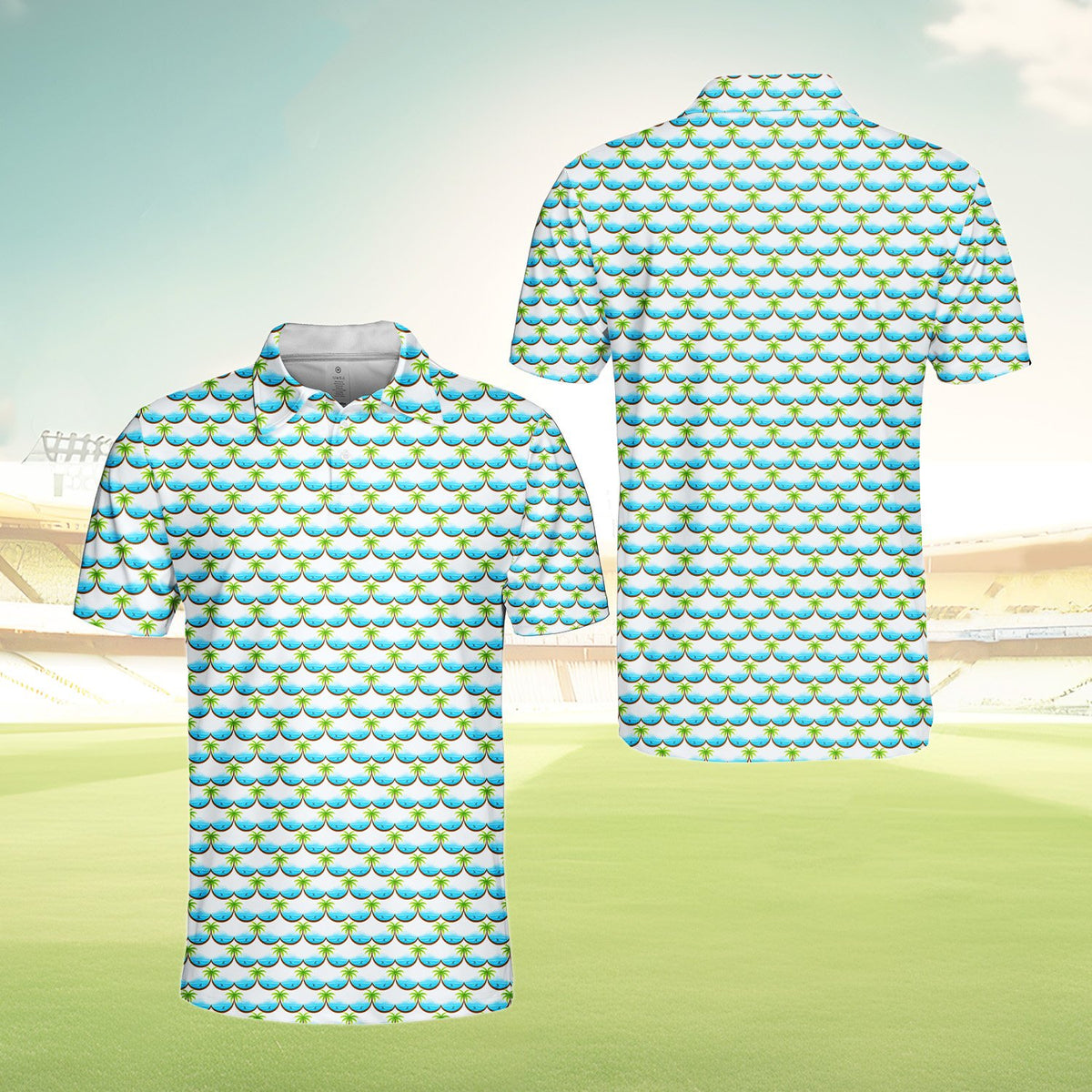 White tropical polo shirt with palm trees and ocean waves, main view