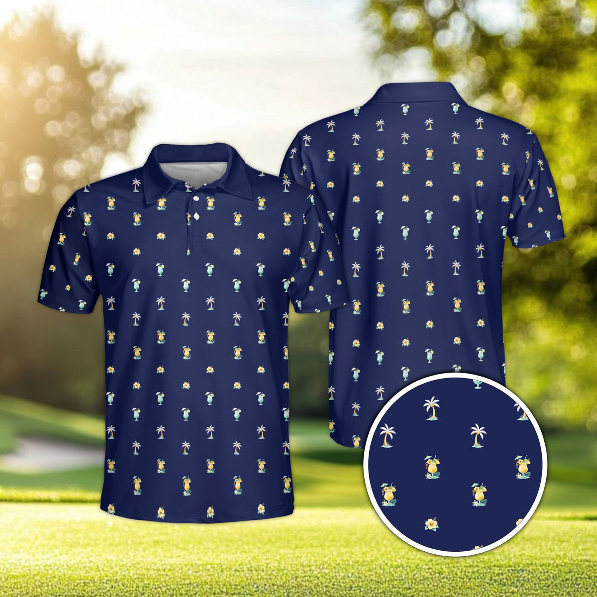 Navy tropical polo shirt front view featuring palm trees and pineapples