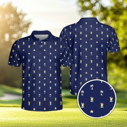 Navy tropical polo shirt front view featuring palm trees and pineapples