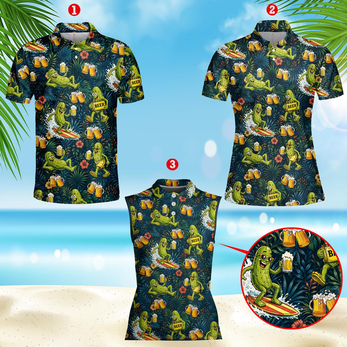 Another front view of the pickle polo shirt showing the all-over print details