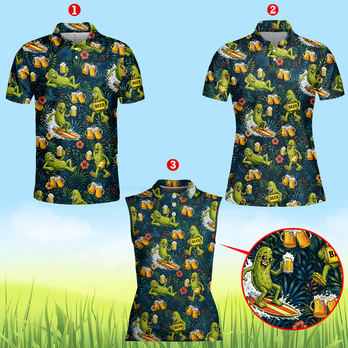Close-up front view of the summer polo shirt with green leaves and orange flowers