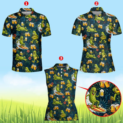 Close-up front view of the summer polo shirt with green leaves and orange flowers