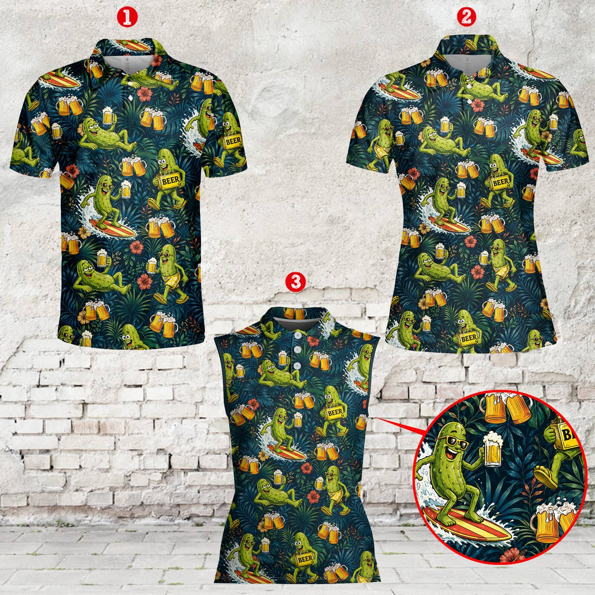 Front angle of the tropical pickle polo shirt