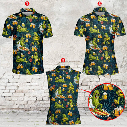 Front angle of the tropical pickle polo shirt