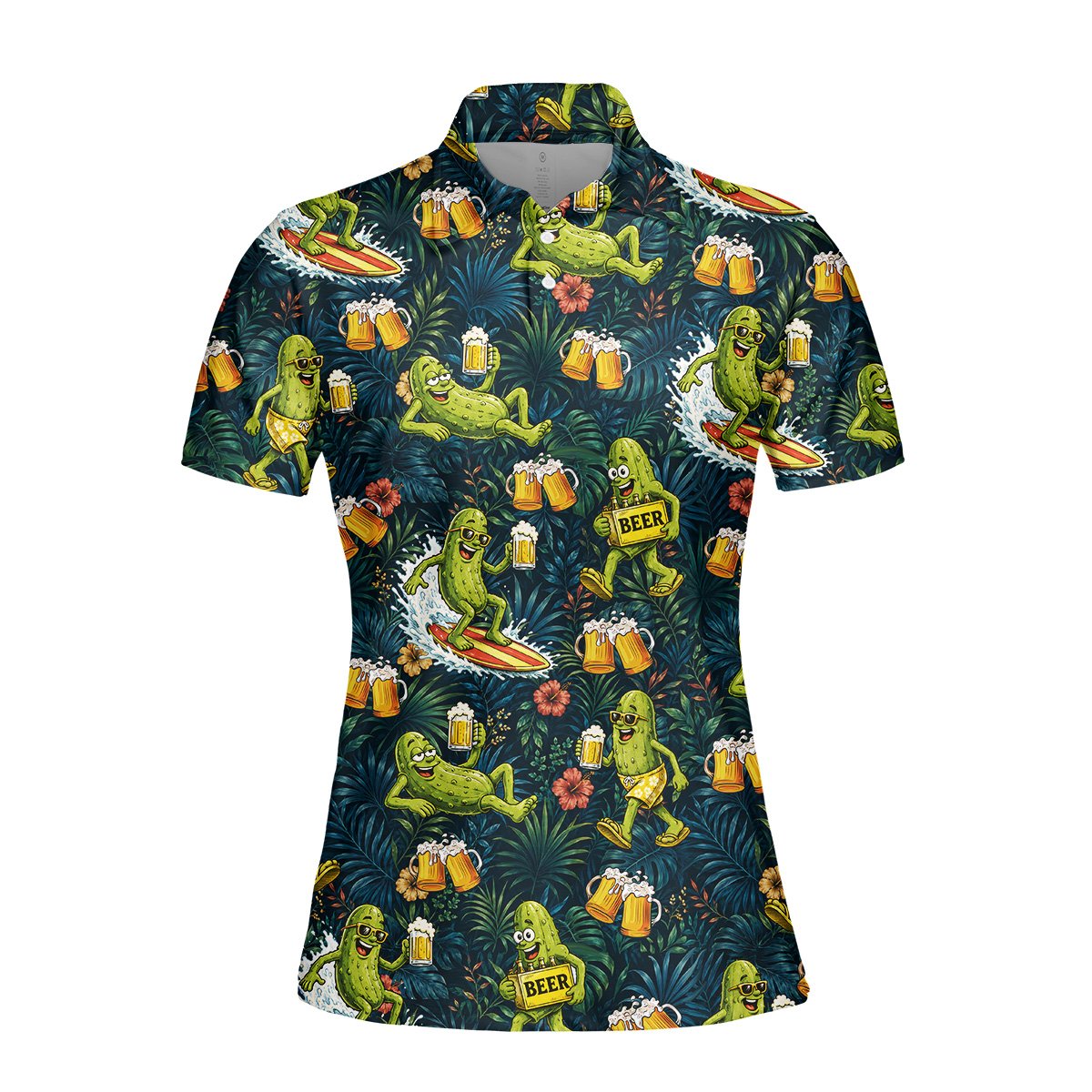 Additional front view of the tropical pickle polo shirt