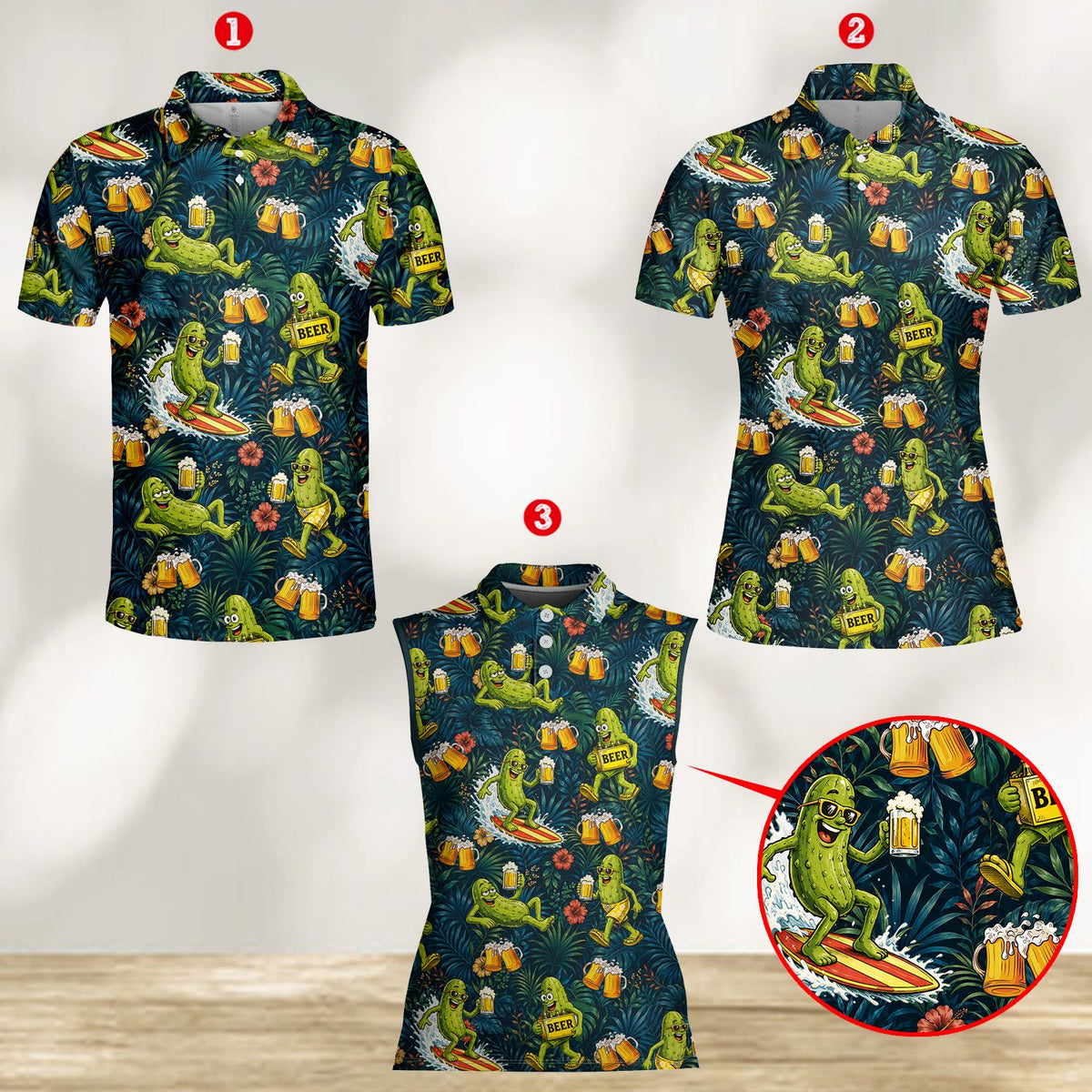 Front view of the navy tropical polo shirt with surfing pickles design