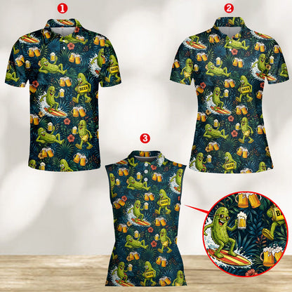 Front view of the navy tropical polo shirt with surfing pickles design