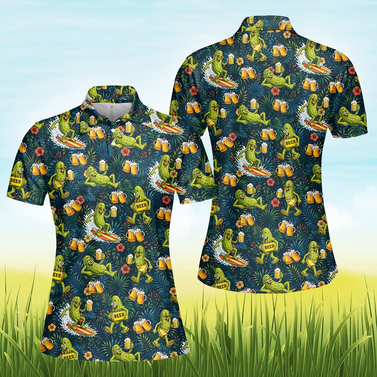Third lifestyle shot showcasing the fit and design of the tropical polo shirt