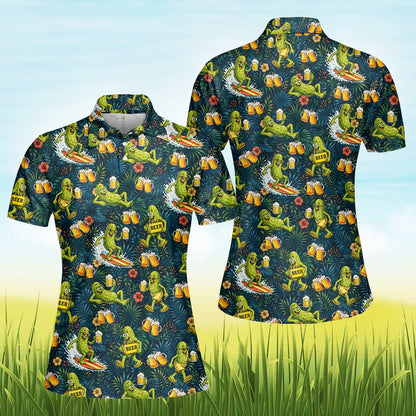 Third lifestyle shot showcasing the fit and design of the tropical polo shirt