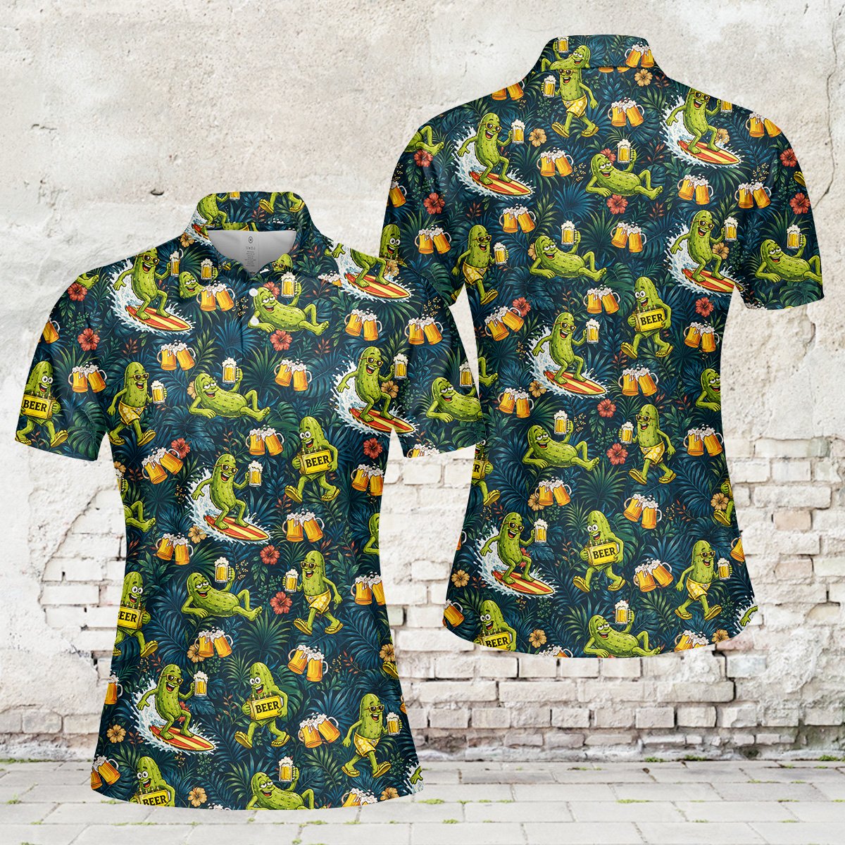 Lifestyle image of someone wearing the tropical pickle polo shirt outdoors