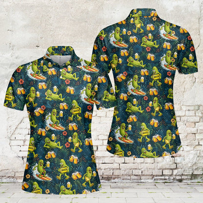 Lifestyle image of someone wearing the tropical pickle polo shirt outdoors