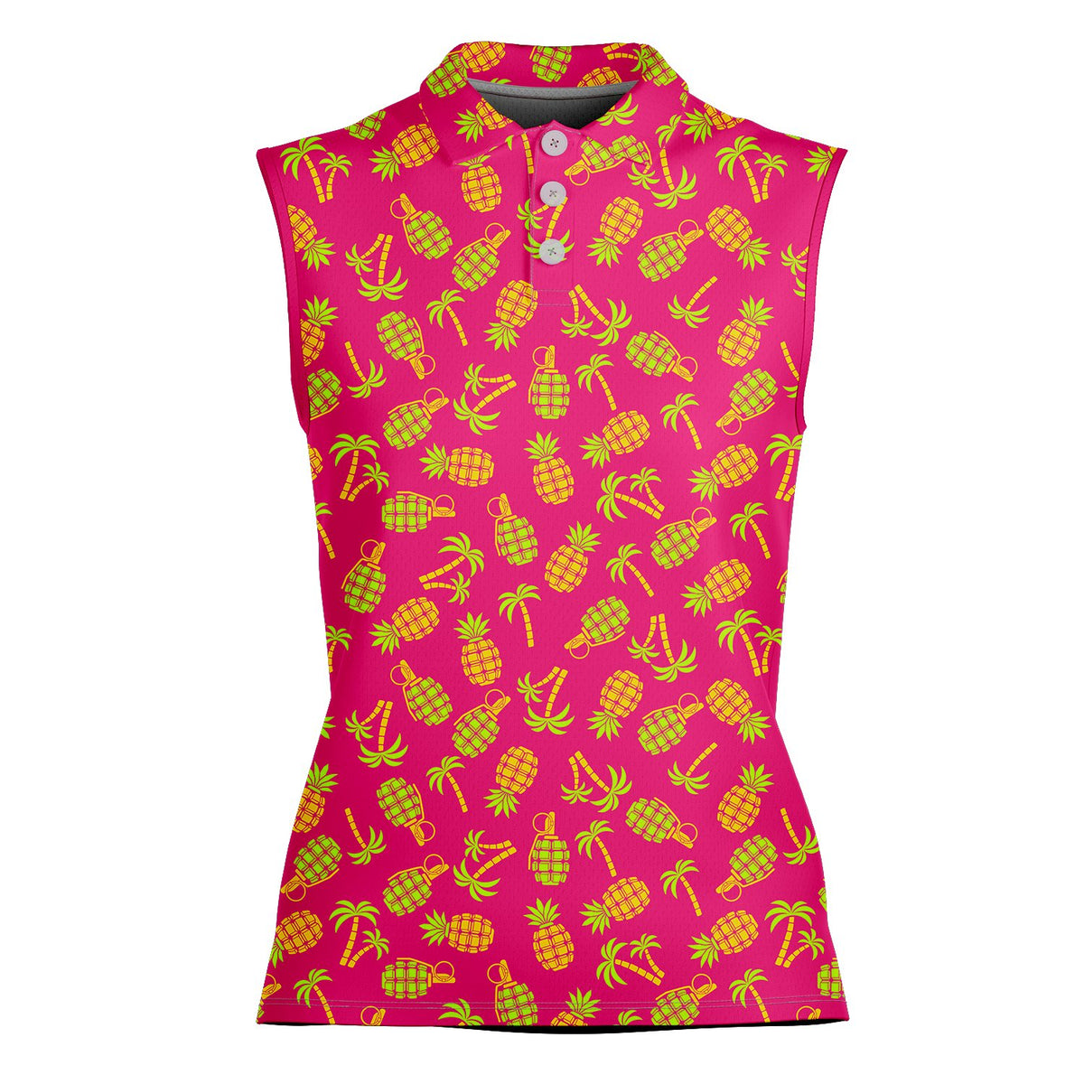 Pink tropical polo shirt featuring a neon green pineapple and grenade pattern, alternate front view 2