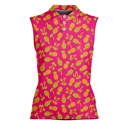 Pink tropical polo shirt featuring a neon green pineapple and grenade pattern, alternate front view 2