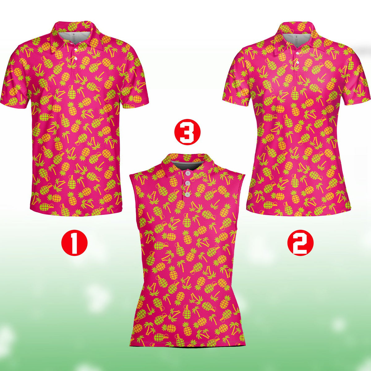 Pink tropical polo shirt featuring a neon green pineapple and grenade pattern, alternate front view 3