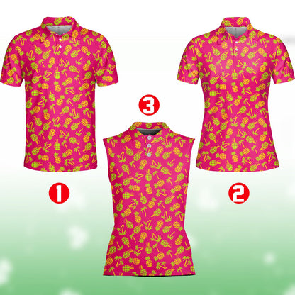 Pink tropical polo shirt featuring a neon green pineapple and grenade pattern, alternate front view 3