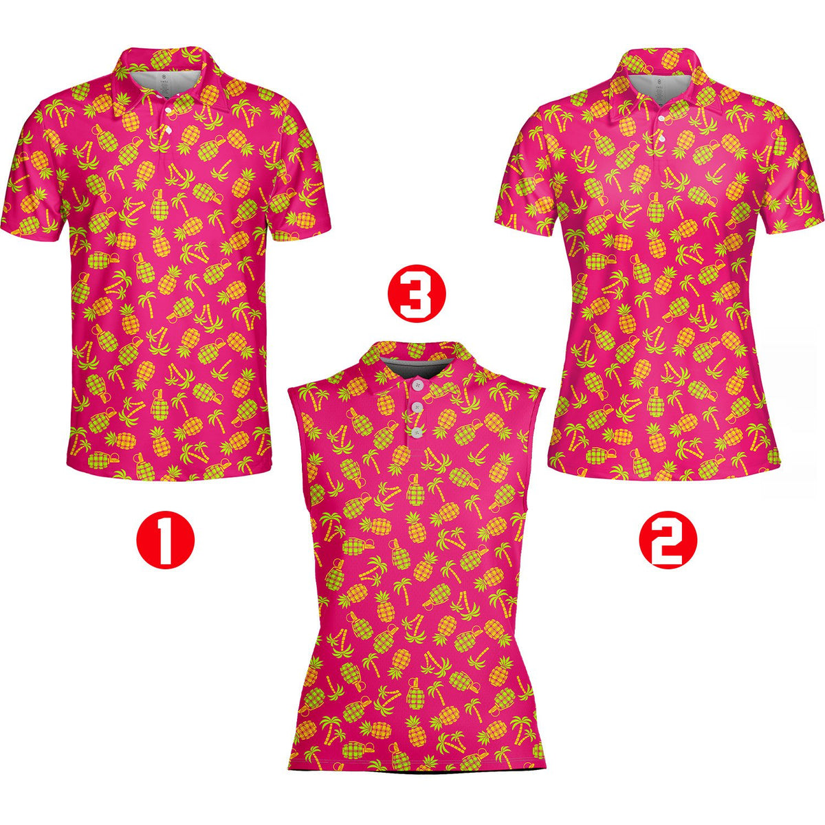 Pink tropical polo shirt featuring a neon green pineapple and grenade pattern, alternate front view 4