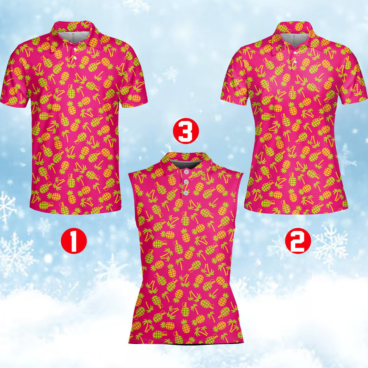 Pink tropical polo shirt featuring a neon green pineapple and grenade pattern, alternate front view 5