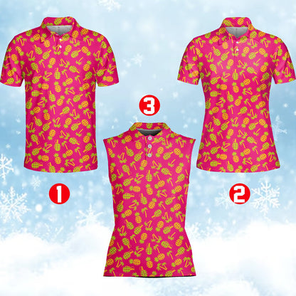 Pink tropical polo shirt featuring a neon green pineapple and grenade pattern, alternate front view 5