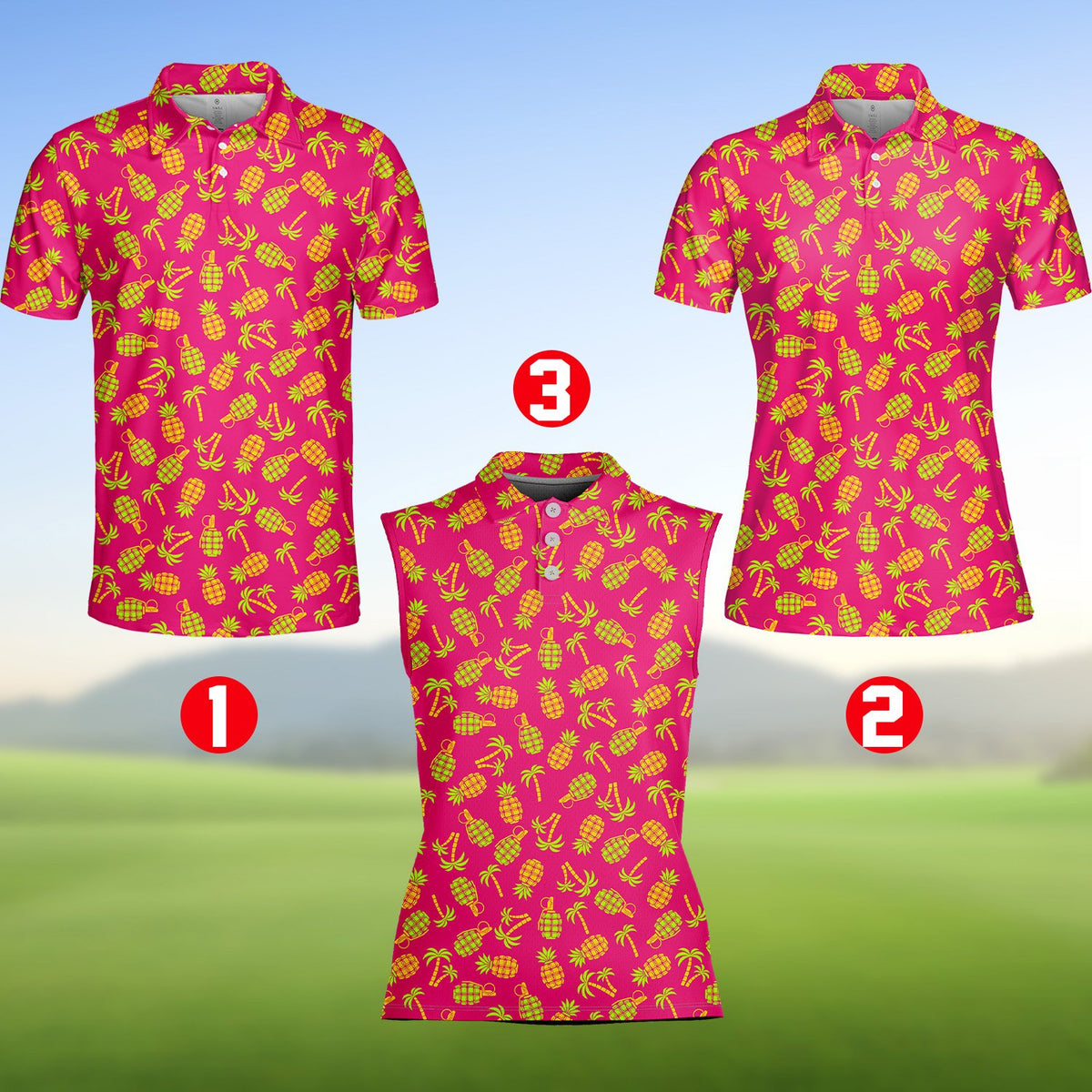 Pink tropical polo shirt featuring a neon green pineapple and grenade pattern, alternate front view 6