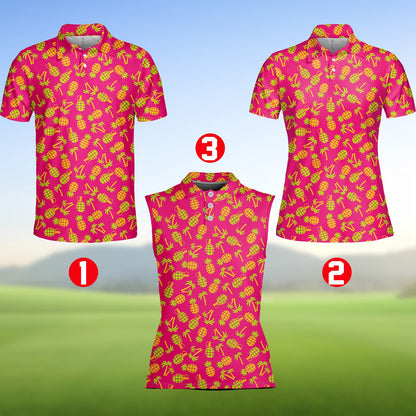 Pink tropical polo shirt featuring a neon green pineapple and grenade pattern, alternate front view 6