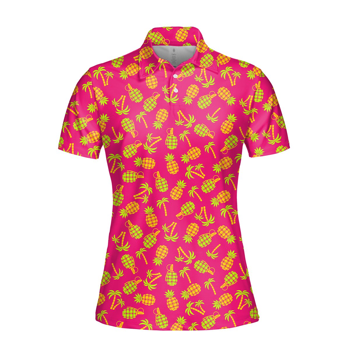Pink tropical polo shirt featuring a neon green pineapple and grenade pattern, main view