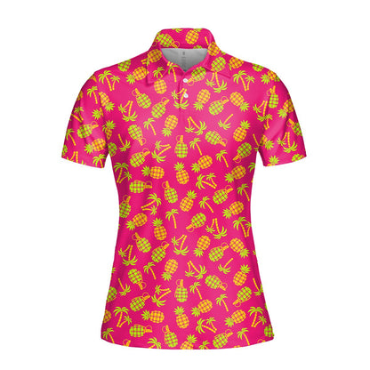 Pink tropical polo shirt featuring a neon green pineapple and grenade pattern, front view
