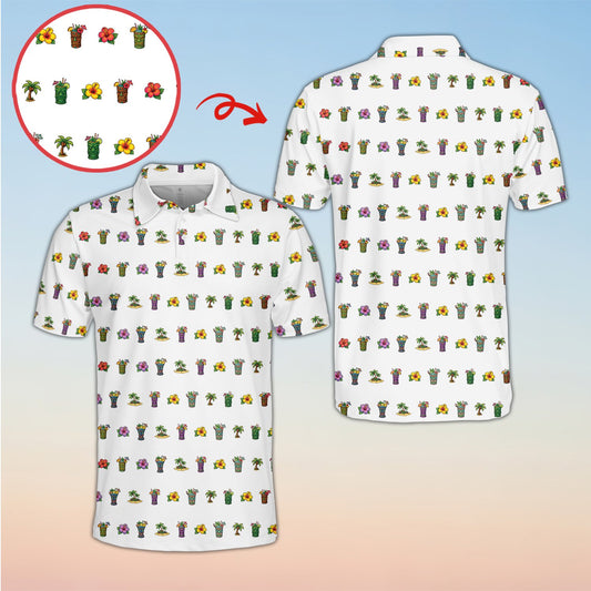 White tropical polo shirt with tiki masks and hibiscus pattern, main view