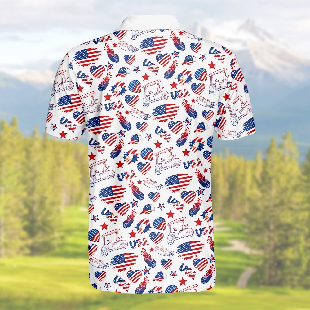 White usa golf polo shirt featuring red and navy patriotic golf carts and flags, alternate back view