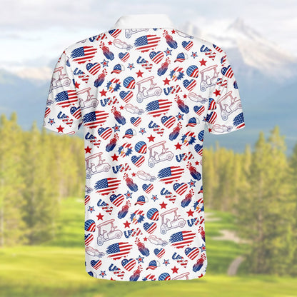 White usa golf polo shirt featuring red and navy patriotic golf carts and flags, alternate back view