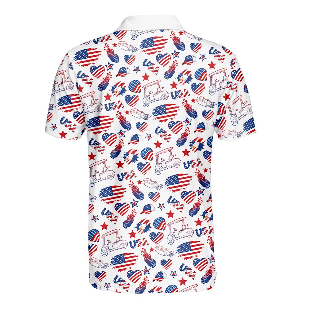 White usa golf polo shirt featuring red and navy patriotic golf carts and flags, back view
