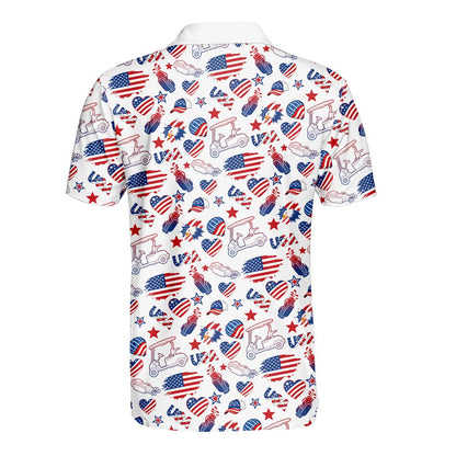 White usa golf polo shirt featuring red and navy patriotic golf carts and flags, back view