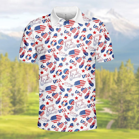 White usa golf polo shirt featuring red and navy patriotic golf carts and flags, main view