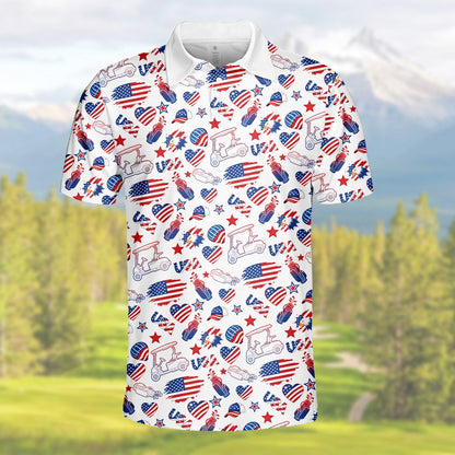 White usa golf polo shirt featuring red and navy patriotic golf carts and flags, angled view