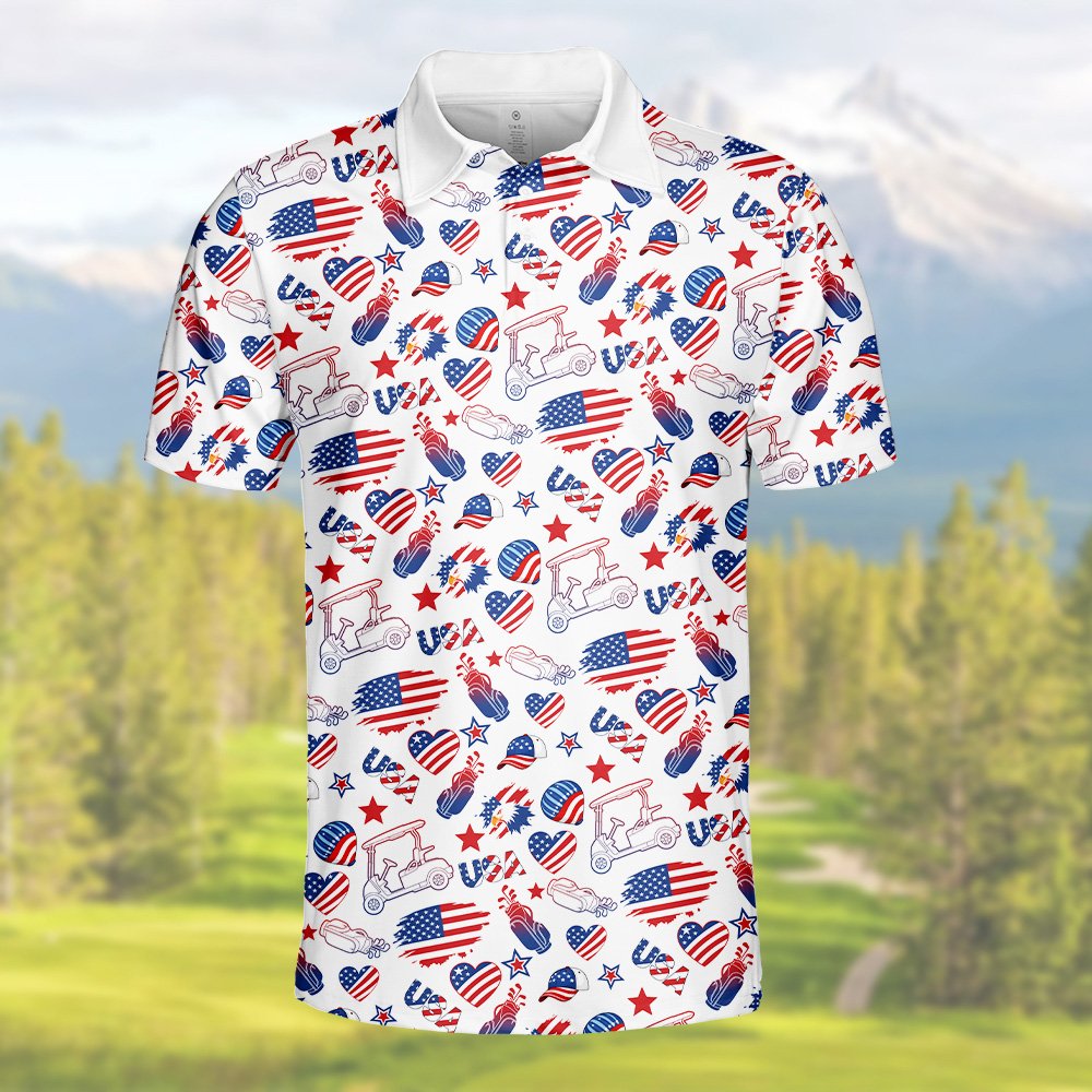 White usa golf polo shirt featuring red and navy patriotic golf carts and flags, alternate main view