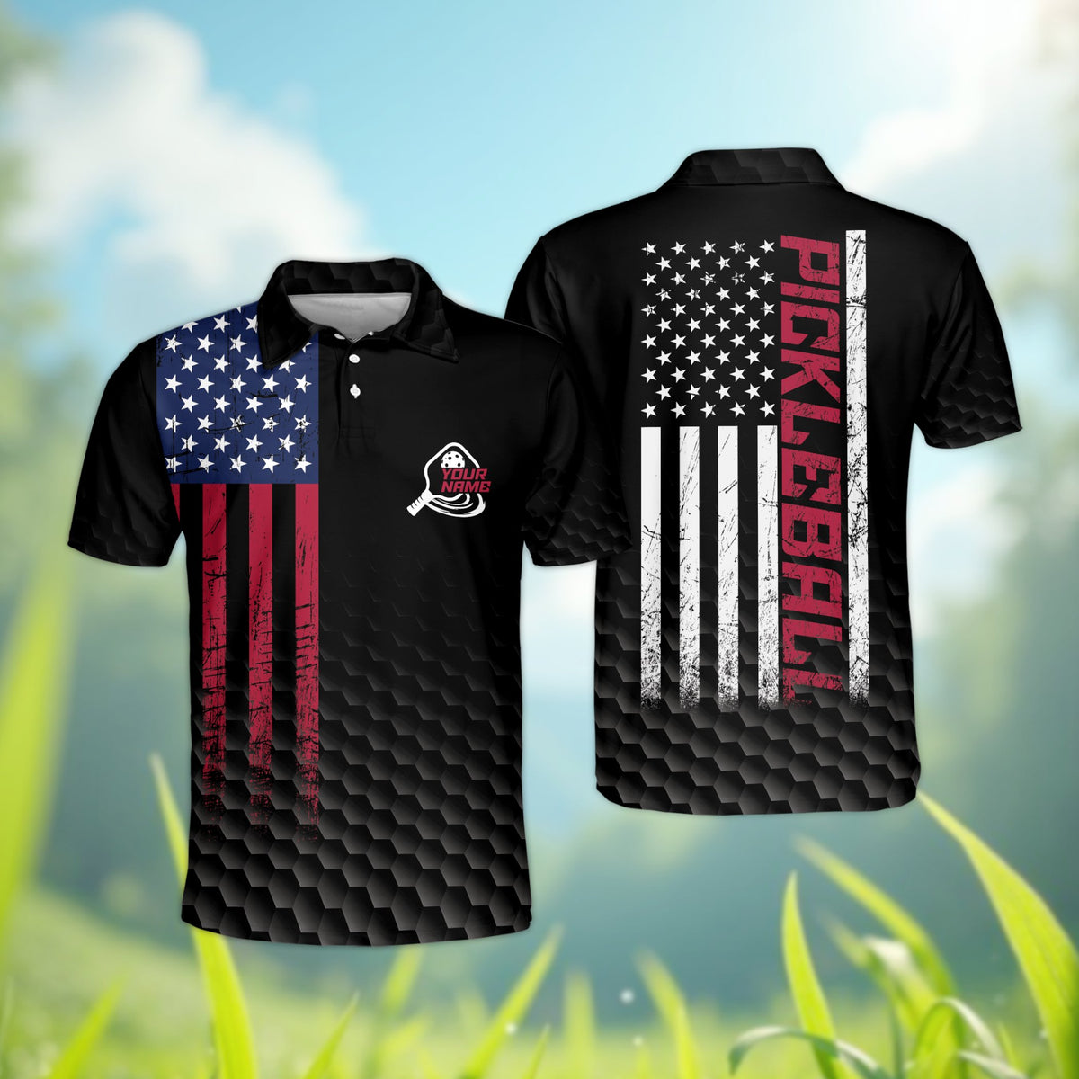 Personalized usa pickleball polo shirt in black, front view