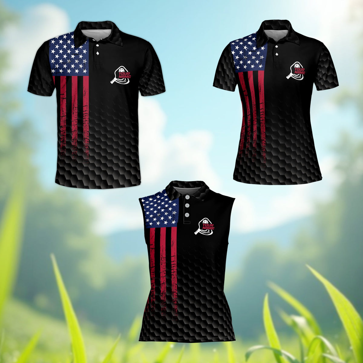 Black usa pickleball polo shirt with custom name and number, alternate front view