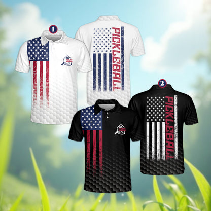 Multicolor usa pickleball polo shirt highlighting the geometric pattern, front view