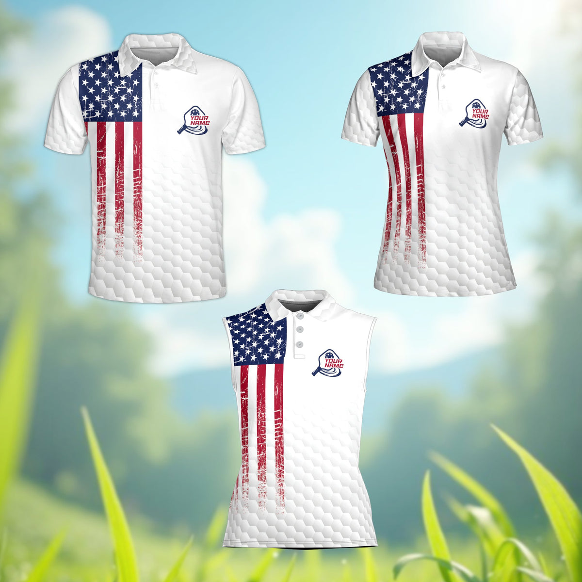 White usa pickleball polo shirt with honeycomb pattern, alternate front view