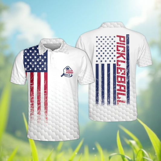 Personalized usa pickleball polo shirt in white featuring a distressed American flag and custom name, main view