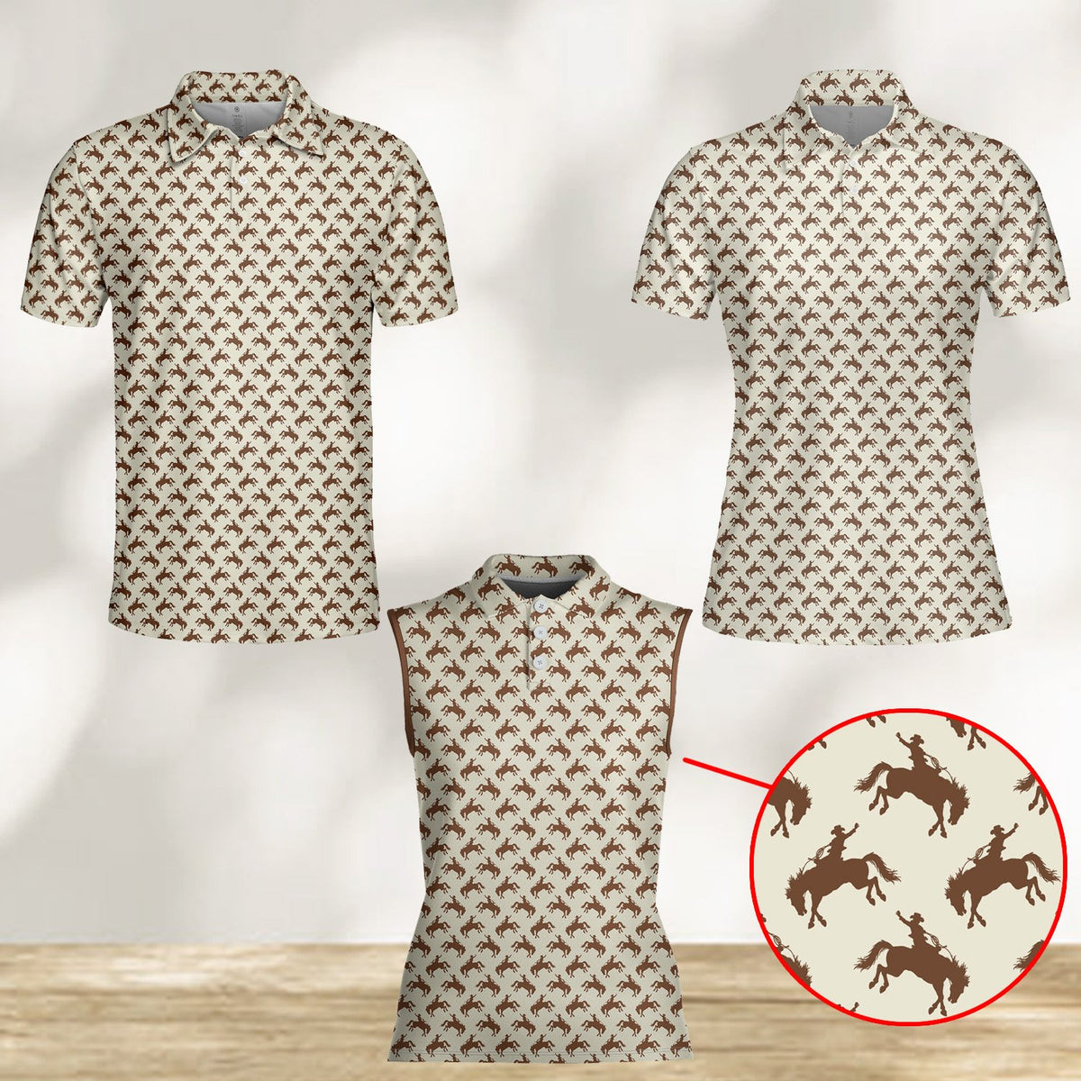 Beige polo limited-edition western shirt with brown bucking cowboy pattern, front angle view 2