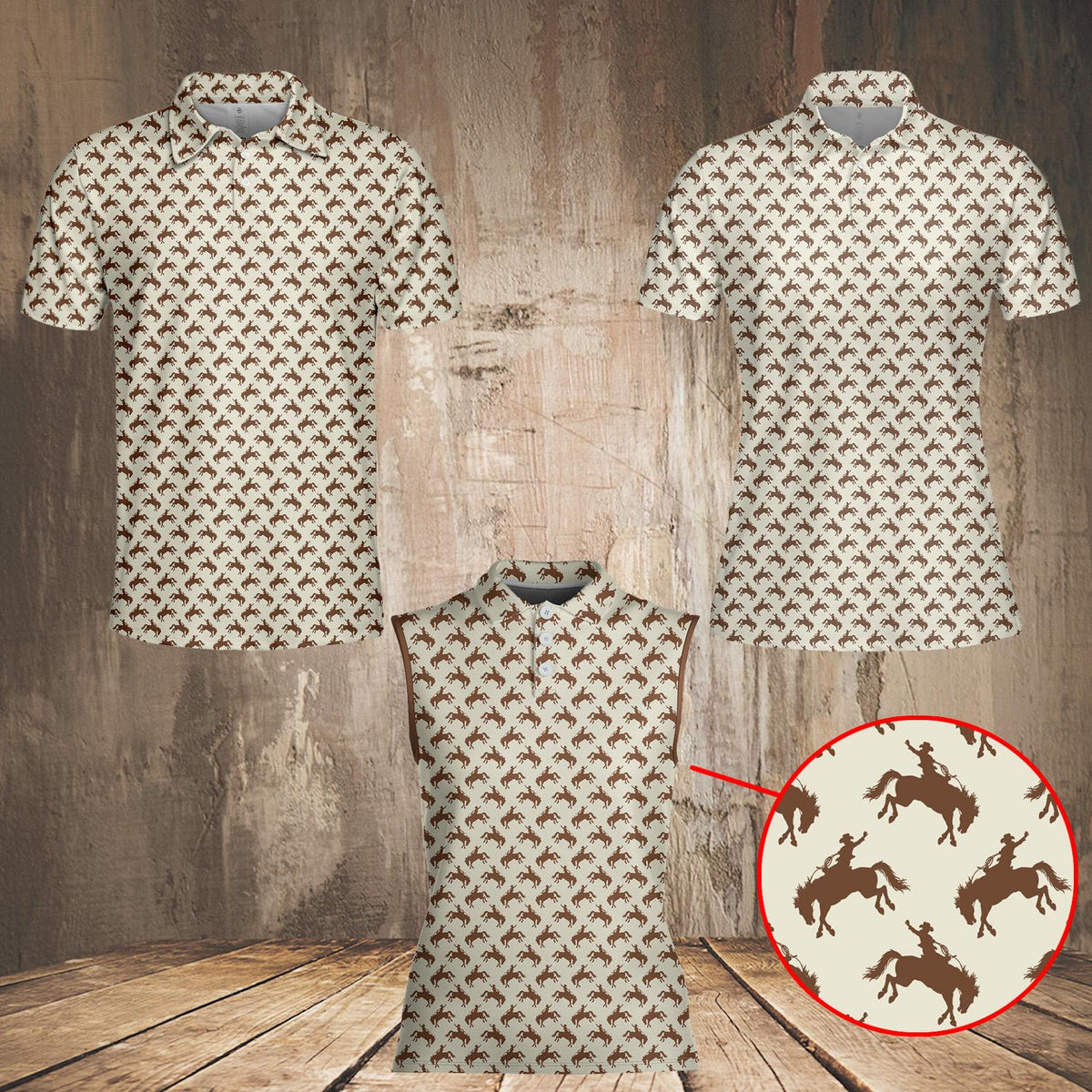 Beige polo limited-edition western shirt with brown bucking cowboy pattern, front angle view 3